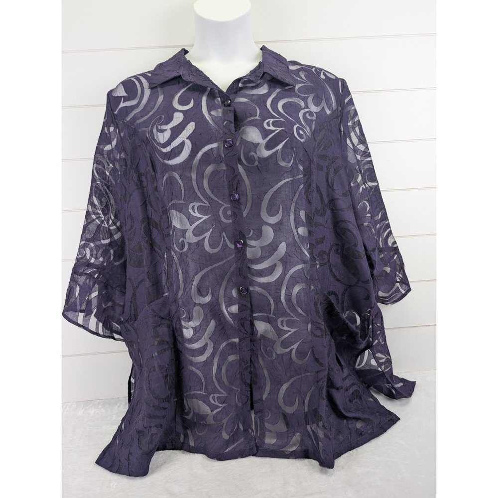 Come N See Blouse Women 2X Purple Paisley Sheer Artsy Whimsigoth Dark Romance